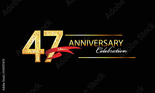 47 Year Anniversary celebration Vector Design. 47th Anniversary celebration. Gold Luxury Banner of 47th Anniversary celebration with red ribbon and glitter. Background celebration. Vector anniversary