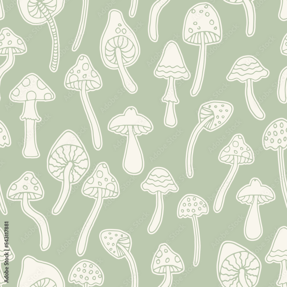 Abstract psychedelic surface pattern design. Retro seamless pattern with hand drawn groovy mushrooms. Vintage 60s hippie vector background