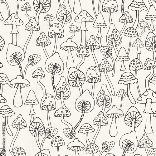 Abstract psychedelic surface pattern design. Retro seamless pattern with hand drawn groovy mushrooms. Vintage 60s hippie vector background