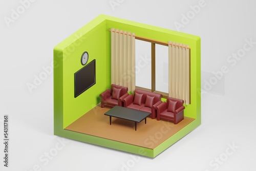 3d illustration dimensional low poly living room high view design The room includes sofas, coffee tables, windows, curtains, clocks, frames and other furniture.