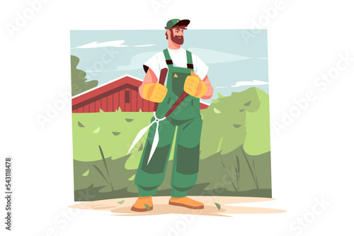 Gardener in uniform holding big garden scissors