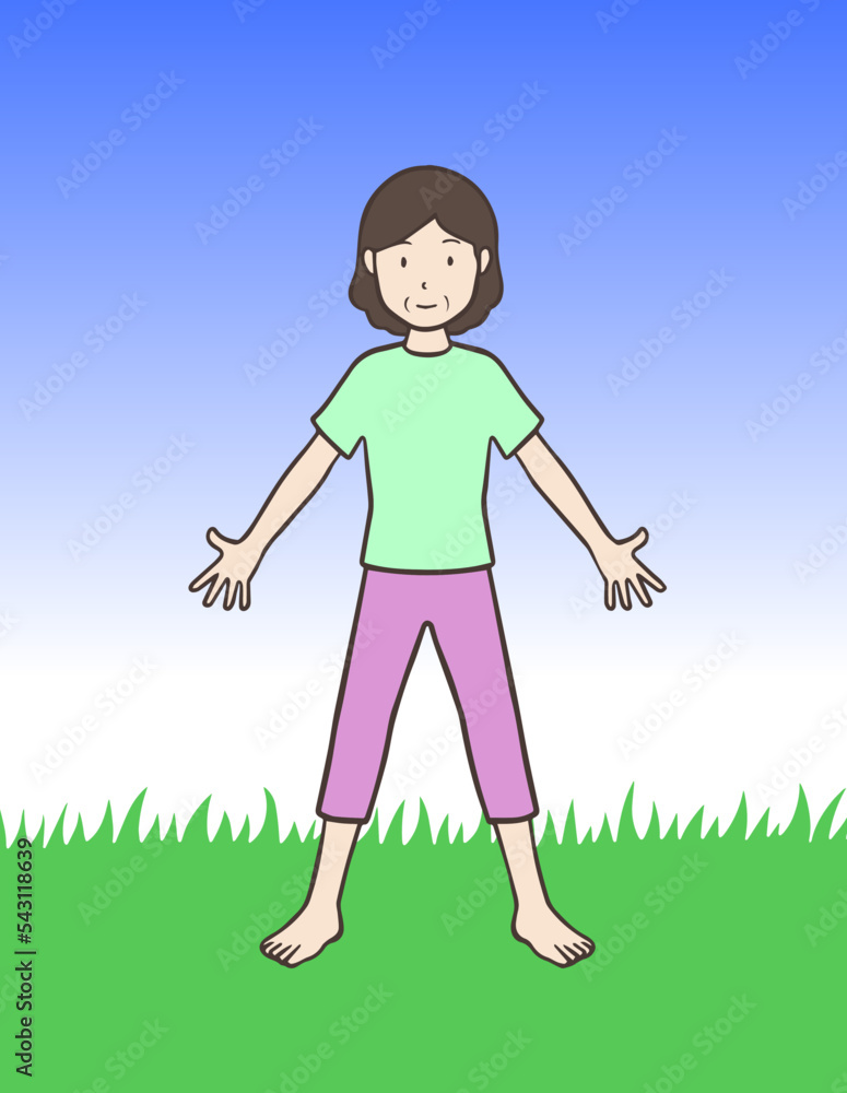 両手を広げて裸足で地面に立つ中年女性、おばさんの健康法