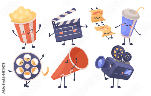 Funny movie theater cartoon characters vector illustrations set. Designs for cinema mascots, comic video camera, ticket, popcorn isolated on white background. Cinematography, entertainment concept