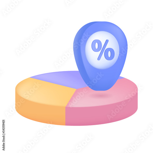 Pie chart with three slices and pin with percent sign 3D icon. Infographic circle diagram of interest rate report 3D vector illustration on white background. Business presentation, finance concept