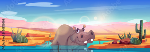 Funny cartoon hippo lying in water. Vector illustration of hippopotamus swimming in lake under blazing sun shining in blue sky, hot sandy desert background. Happy animal in natural habitat. Zoo banner