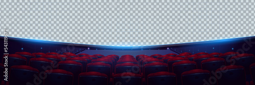 Cinema hall with audience seats and blank panoramic screen with transparent background. Template of movie theater auditorium interior with rows of red chairs, vector cartoon illustration