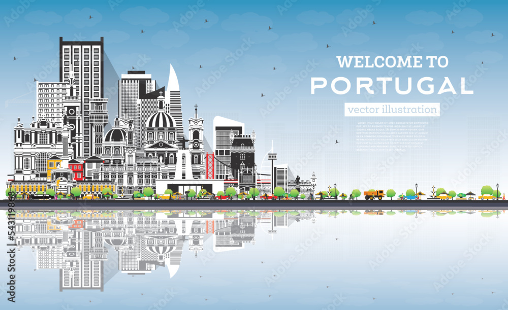 Obraz premium Welcome to Portugal. City Skyline with Gray Buildings, Blue Sky and Reflections.
