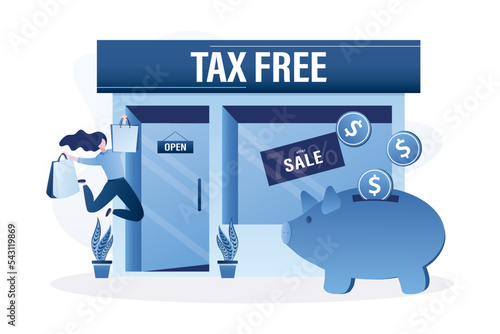 Tax free service. Happy woman customer with shopping bags. Saved money falls into the piggy bank. Vat free trading, refunding vat services, duty free zone, airport discount shop.