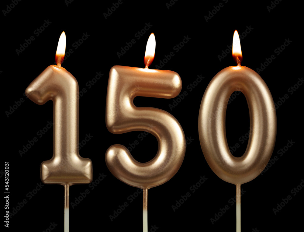 Burning golden birthday candles isolated on black background, number 150 Burning golden birthday candles isolated on black background, number 150