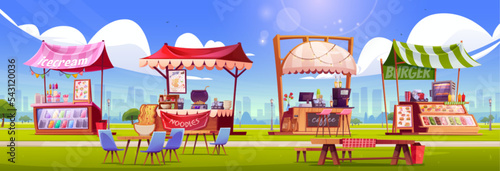 Street food market stalls standing in public park on sunny day. Cartoon vector illustration of colorful shops selling ice cream, cooking noodles, coffee, burgers outdoors. Silhouettes of city