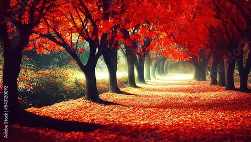 AI generated digital art of an autumn alley with red trees and bright defoliation photo