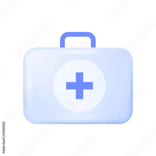 Blue medical kit box with cross sign 3D icon. Doctors bag with first aid supplies for treatment and health care 3D vector illustration on white background. Emergency, hospital, medicine concept
