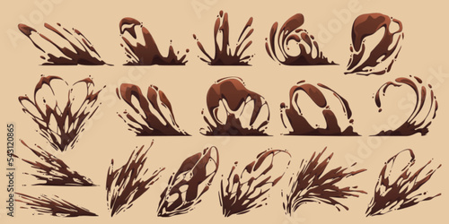 Chocolate splashes, swirls, hot liquid splatters vfx game effect. Cartoon 2d liquid drops, brown flow elements, explosion, burst, spatter blast, drip or ripple dynamic animation motion, Vector set