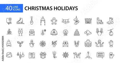 40 Christmas holidays icon. New Year party celebration and winter sports. Pixel perfect, editable stroke line