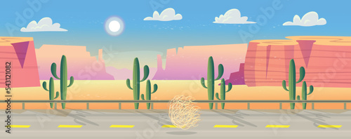  Seamless background. Road over  Wild west Texas. Empty road with mountains. Landscape with red mountains, cactus, road and clouds. Vector illustration in cartoon style.