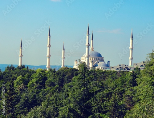Beautiful shot of The Sultan Ahmed Mosque (Blue Mosque) in Fatih, Istanbul, Turkey photo