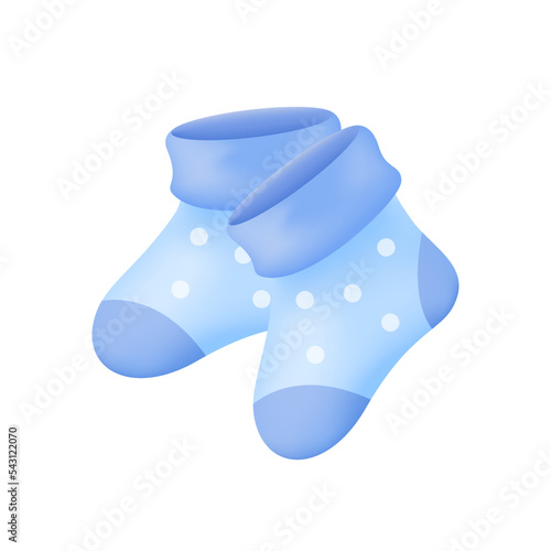 Pair of baby blue socks with polka dots pattern 3D icon. Cotton cute clothes for newborn boys feet 3D vector illustration on white background. Knitted footwear, fashion for infant, childhood concept