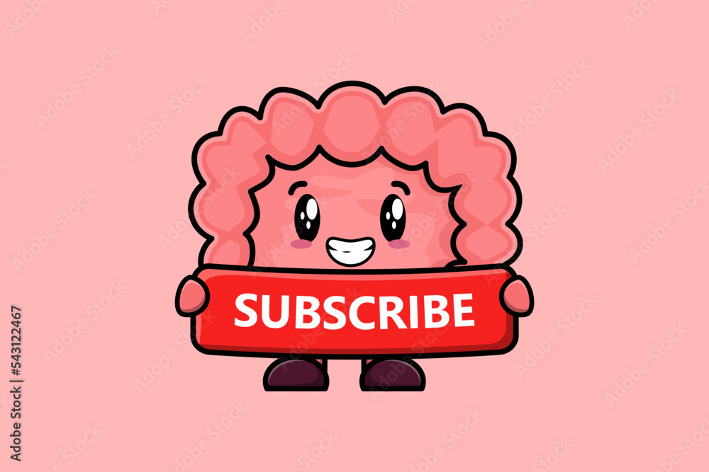 Cute cartoon Intestine character holding red subscribe board Cute cartoon Intestine character holding red subscribe board