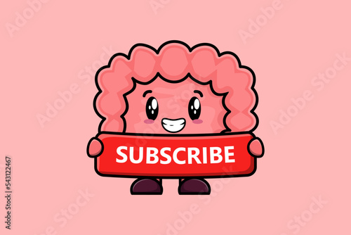 Cute cartoon Intestine character holding red subscribe board