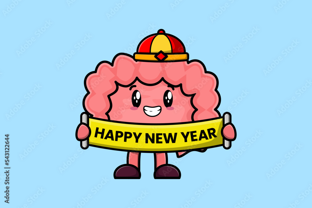 Cute cartoon Intestine chinese character holding happy new year board illustration Cute cartoon Intestine chinese character holding happy new year board illustration
