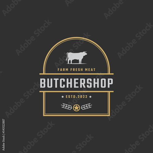Vintage Retro Badge Emblem Steak House Bull Silhouette Good for Farm or Restaurant Logo Design Linear Style