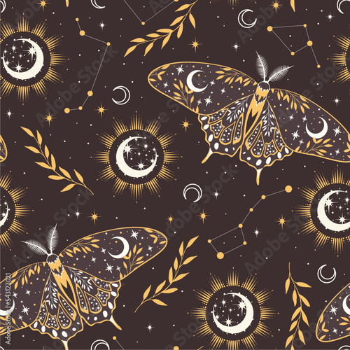 Vector seamless pattern with moon moth and stars. Contemporary composition. Trendy texture for print, textile, packaging.