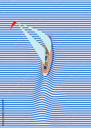 Yacht on the crest of a wave. Vector illustration of a modern yacht with sails on the waves. Sketch for creativity.