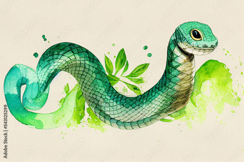 Snake hand drawing by watercolor. Cute snake of green color. Stock