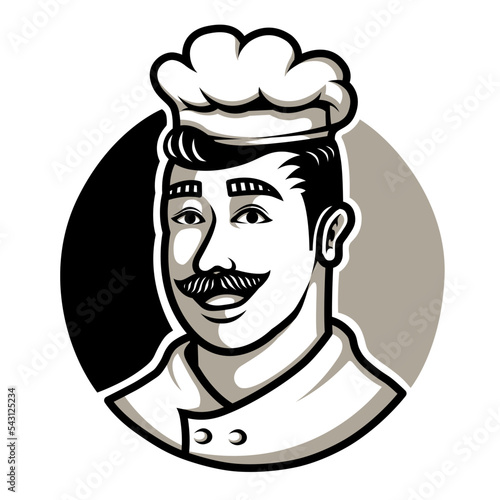 Logo for the cooking field, with the main object being a male chef, on a white background. Vector inspiration. Design element for logo,tshirt,emblem,poster,restaurant. Vector illustration.