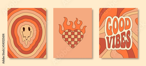 Groovy Hippie 70s Posters Set. Vector Psychedelic Background: Melting Emoji, Heart in Fire, Good Vibes Slogan