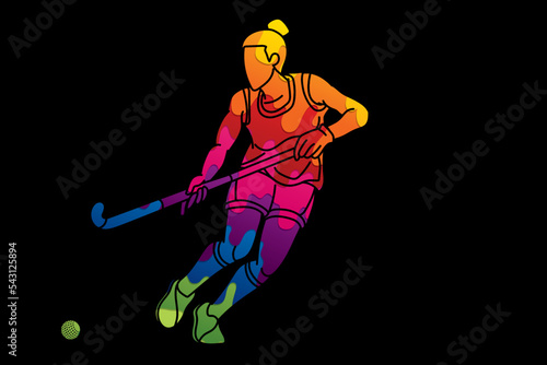 Field Hockey Sport Female Player Action Cartoon Graphic Vector
