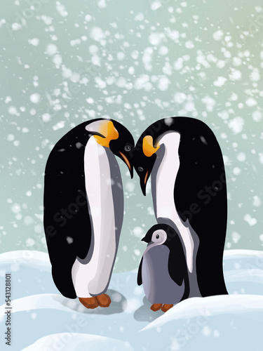 Graphic illustration of family penguins in snowy winter. Idea for poster  children   s books  art  cartoon  background