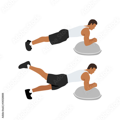 Man doing Bosu ball plank leg lift exercise. Flat vector illustration isolated on white background
