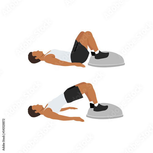 Man doing Bosu ball bridges hip raises. Glute bridges exercise. Flat vector illustration isolated on white background