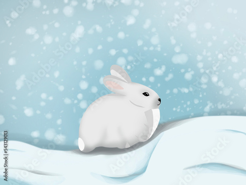 Graphic illustration of white rabbit in snowy winter . Idea for background  print  banner  children   s books  art  cartoon