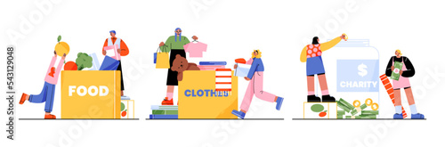 People donating food, clothes and money. Set of flat vector illustration scenes with men and women putting things and cash into charity boxes to help poor, refugees. Volunteers fight hunger, poverty