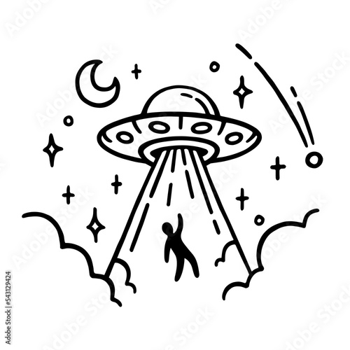 UFO alien abduction tattoo design. Flying saucer doodle drawing. Spaceship abducting man. Vector illustration.