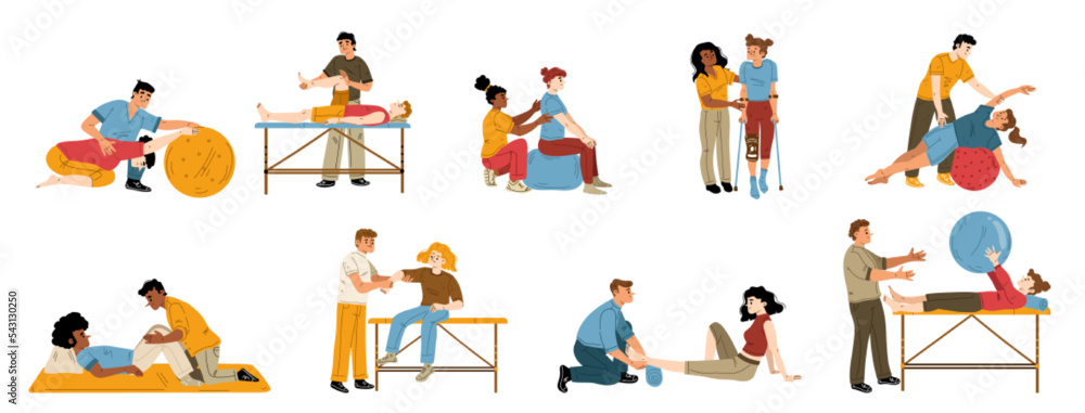 Physical therapy, rehab isolated set. People applying rehabilitation. Therapist work with disabled patients recuperate activity during physio procedures in clinic, Cartoon linear vector illustration