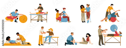 Physical therapy, rehab isolated set. People applying rehabilitation. Therapist work with disabled patients recuperate activity during physio procedures in clinic, Cartoon linear vector illustration