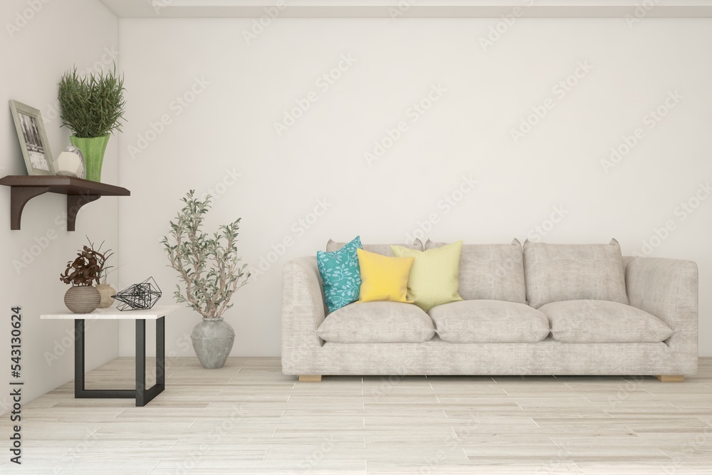 Fototapeta premium White living room with sofa. Scandinavian interior design. 3D illustration
