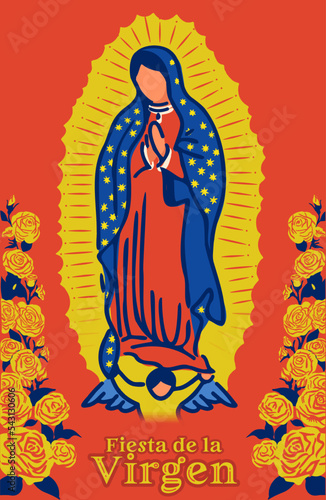 Our Lady of Guadalupe, Empress of America. Virgen de Guadalupe with a frame of roses. Feast of Our Lady.  Feast of the Virgin. Vector illustration