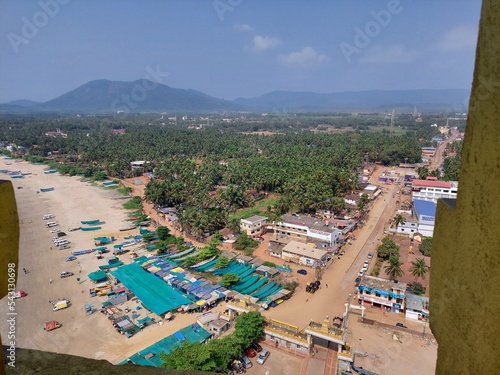 Aerial view from Murudeshwar temple is most famous for its massive Shiva statue. It is located at murdeshwar beach in Karnataka.