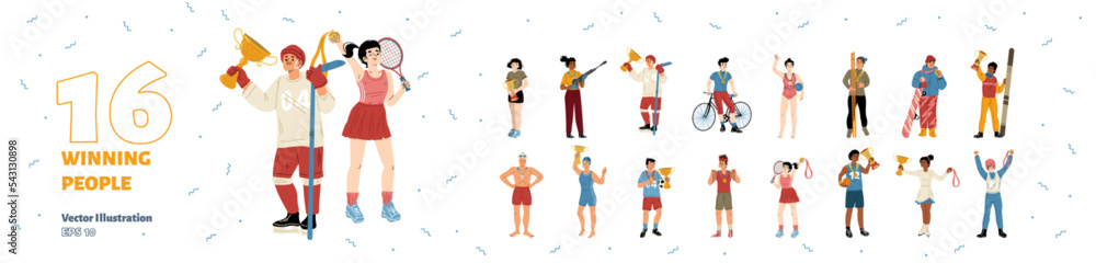 Set of winning people, sportsmen winners and champions. Young smiling happy sports characters holding golden trophy in hands celebrate victory in competition, Cartoon linear flat vector illustration Set of winning people, sportsmen winners and champions. Young smiling happy sports characters holding golden trophy in hands celebrate victory in competition, Cartoon linear flat vector illustration
