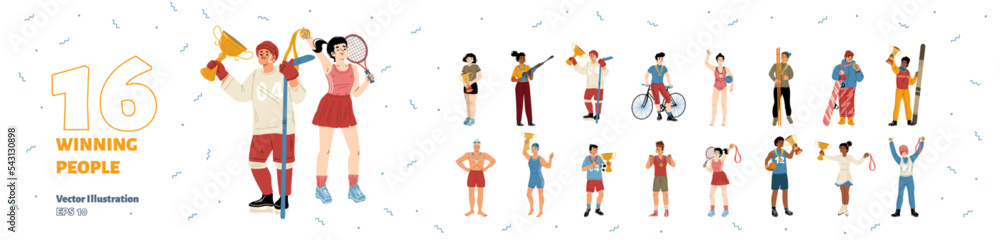 Set of winning people, sportsmen winners and champions. Young smiling happy sports characters holding golden trophy in hands celebrate victory in competition, Cartoon linear flat vector illustration