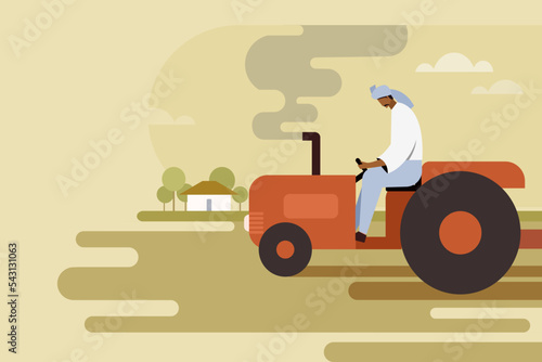 Illustration of an Indian farmer operating a tractor in the agricultural field