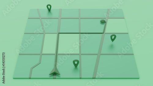 Minimal style green GPS map navigator. Tracking concept. Arrow and markers on a map. 3D rendering