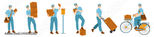 Postman, mailman character with bag and parcel boxes. Post and delivery service concept with courier in uniform on bike, with cart, letters and packages, vector hand drawn illustration