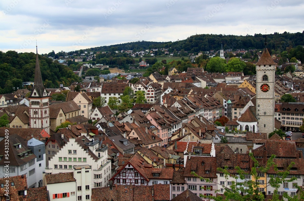 Panoramic view of the city Schaffhausen with historic buildings and churches in northern Switzerland