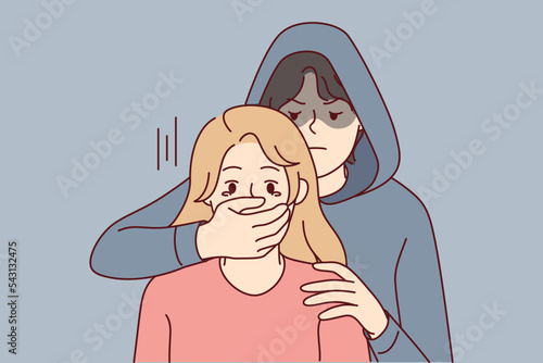 Man in hood close scared woman mouth with hand. Male criminal or offender attack terrified female. Concept of kidnapping and crime. Vector illustration. 