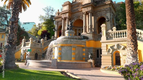 Handheld of the Neptune fountain at the entrance of Cerro Santa Lucia, a tourist attraction in the city of Santiago, Chile.
